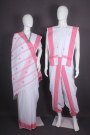 Traditional Handloom Joda Set in White with Magenta Dobby Border