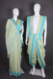 Traditional Handloom Joda Set in Sage Green with Blue Dobby Border