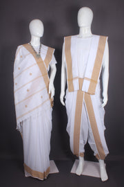Traditional Handloom Joda Set in White with Brown Dobby Border