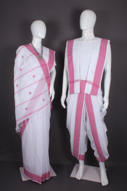 Traditional Handloom Joda Set in White with Magenta Dobby Border