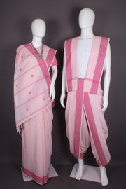 Traditional Handloom Joda Set in Peach with Magenta Pink Dobby Border