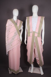 Peach Dobby Aahar Joda with Butis and Sea Green Border