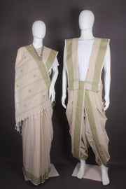 Traditional Handloom Joda Set in Cream with Butis and Green Dobby Border