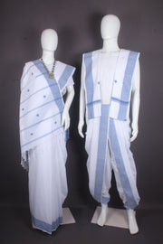 Traditional Handloom Joda Set in White with Butis and Blue Dobby Border