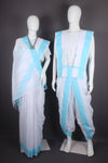 Traditional Handloom Couple Set in White with Sky Blue Dobby Border