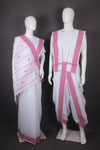 Traditional Handloom Couple Set in White with Rani Pink Dobby Border