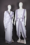 Traditional Handloom Couple Set in White with Purple Dobby Border