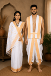 Traditional Handloom Couple Set in White with Butis and Orange Dobby Border