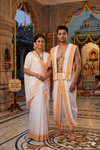 Traditional Handloom Couple Set in White with Butis and Orange Dobby Border