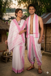 Traditional Handloom Couple Set in White with Butis and Magenta Dobby Border