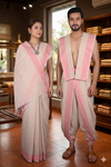 Traditional Handloom Couple Set in Cream with Butis and Pink Dobby Border