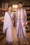 Traditional Handloom Couple Set in Peach with Butis and Purple Dobby Border