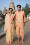 Traditional Handloom Couple Set in Yellow with Butis and Orange Dobby Border
