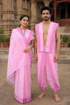 Traditional Handloom Couple Set in Pink with Butis and Magenta Dobby Border