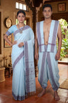 Traditional Handloom Couple Set in Sky Blue with Butis and Blue Dobby Border
