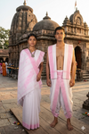Traditional Handloom Couple Set in White with Butis and Pink Dobby Border