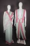 Traditional Handloom Couple Set in Green with Butis and Pink Dobby Border