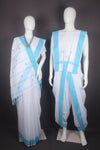 Traditional Handloom Couple Set in White with Butis and Sky Blue Dobby Border