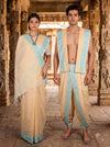 Traditional Handloom Couple Set in Beige with Butis and Turquoise Blue Dobby Border