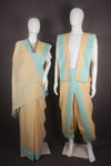 Traditional Handloom Couple Set in Beige with Butis and Turquoise Blue Dobby Border