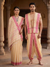 Traditional Handloom Couple Set in Beige with Butis and Magenta Dobby Border