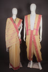 Traditional Handloom Couple Set in Beige with Butis and Magenta Dobby Border