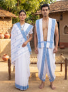 Traditional Handloom Couple Set in White with Butis and Blue Dobby Border