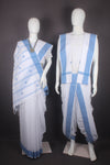 Traditional Handloom Couple Set in White with Butis and Blue Dobby Border