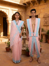 Traditional Handloom Couple Set in Peach with Butis and Turquoise Blue Dobby Border