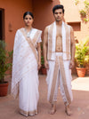 Traditional Handloom Couple Set in White with Butis and Brown Dobby Border
