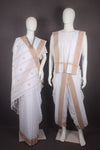 Traditional Handloom Couple Set in White with Butis and Brown Dobby Border