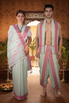 Traditional Handloom Couple Set in Mint Green with Butis and Magenta Dobby Border