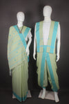 Traditional Handloom Couple Set in Green with Butis and Turquoise Blue Dobby Border