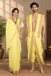 Traditional Handloom Couple Set in Yellow with Butis and Brown Dobby Border