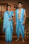 Traditional Handloom Couple Set in Turquoise Blue with Butis and Blue Dobby Border