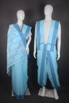 Traditional Handloom Couple Set in Turquoise Blue with Butis and Blue Dobby Border