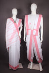Traditional Handloom Couple Set in White with Butis and Pink Dobby Border