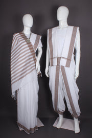 Traditional Handloom Joda Set in White with Brown Dobby Border