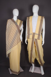 Traditional Handloom Joda Set in White Yellow Brown Dobby Border