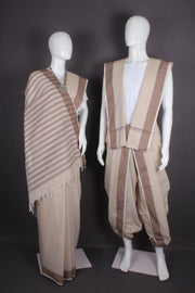 Traditional Handloom Joda Set in Cream with Brown Dobby Border