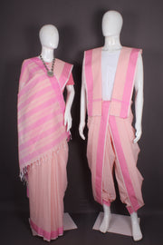 Traditional Handloom Joda Set in Peach with Magenta Pink Dobby Border