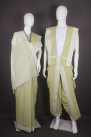 Traditional Handloom Joda Set in Moss Green with White Dobby Border