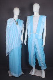 Traditional Handloom Joda Set in Sky Blue with White Dobby Border