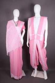 Pink Aahar Joda with Self Striprd and White Dobby Border