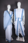 Traditional Handloom Joda Set in White with Self Striped and Sky Blue Dobby Border