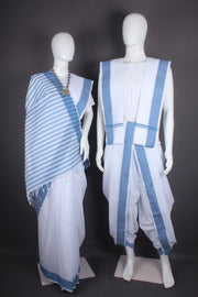 Traditional Handloom Joda Set in White with Self Striped and Sky Blue Dobby Border