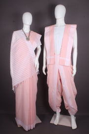 Traditional Handloom Joda Set in Peach with Self Striped and White Dobby Border