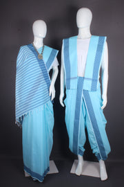 Traditional Handloom Joda Set in Sea Green with Self Striped and Blue Dobby Border