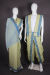 Traditional Handloom Joda Set in Yellow with Self Line and Blue Dobby Border