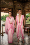 Traditional Handloom Couple Set in Peach with Self Striped and Magenta Dobby Border